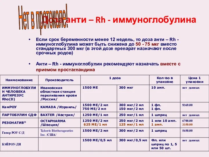 Доза анти – Rh - иммуноглобулина Если срок беременности менее 12