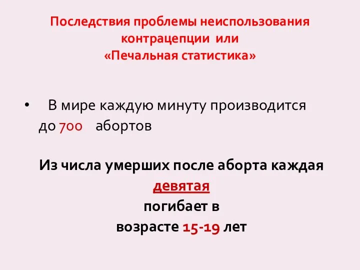 Последствия проблемы неиспользования контрацепции или «Печальная статистика» В мире каждую минуту