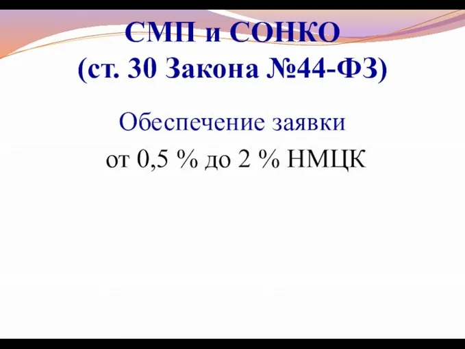 СМП и СОНКО (ст. 30 Закона №44-ФЗ) Обеспечение заявки от 0,5 % до 2 % НМЦК