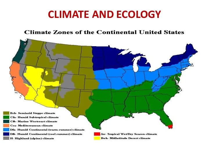 CLIMATE AND ECOLOGY Continental Subtropical Tropical Semi-arid Arid Mediterranean Oceanic Subarctic or polar