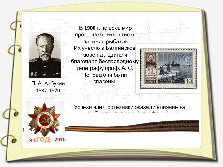 П. А. Азбукин 1882-1970 Успехи электротехники оказали влияние на выбор последующей