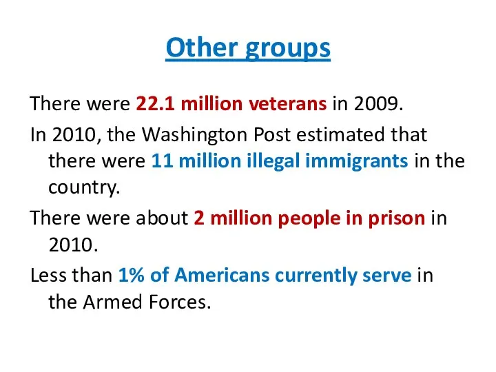 Other groups There were 22.1 million veterans in 2009. In 2010,