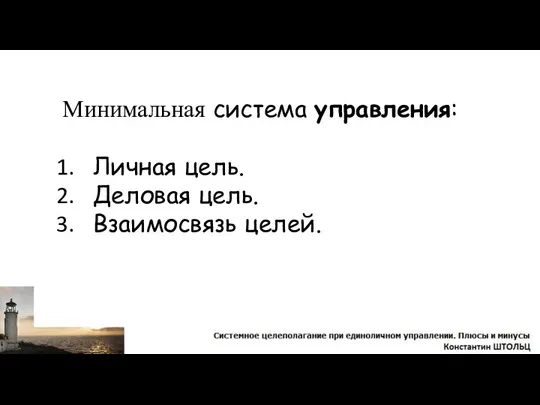 Минимальная система управления: Личная цель. Деловая цель. Взаимосвязь целей.