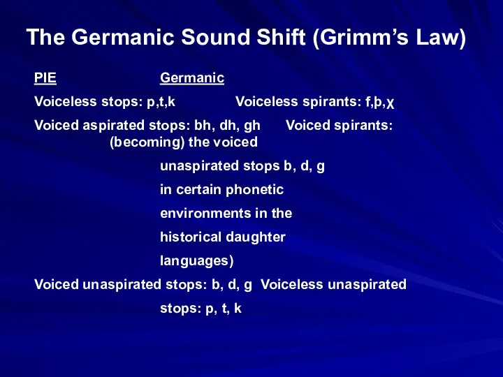 The Germanic Sound Shift (Grimm’s Law) PIE Germanic Voiceless stops: p,t,k