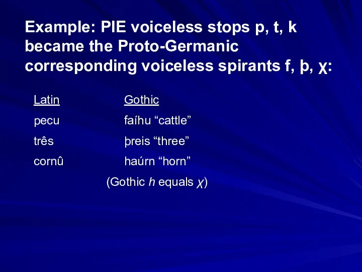 Example: PIE voiceless stops p, t, k became the Proto-Germanic corresponding