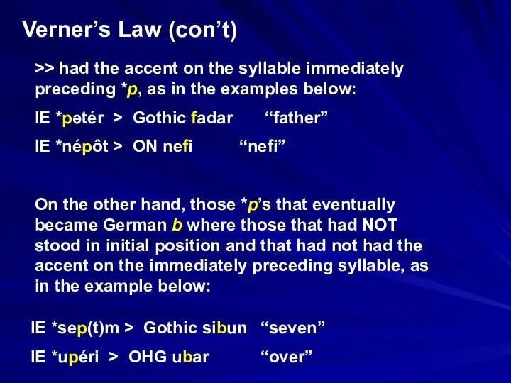Verner’s Law (con’t) >> had the accent on the syllable immediately