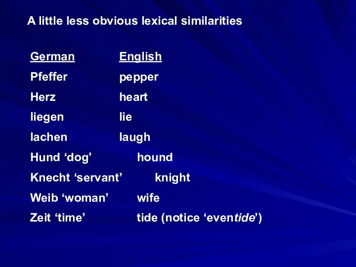 A little less obvious lexical similarities German English Pfeffer pepper Herz