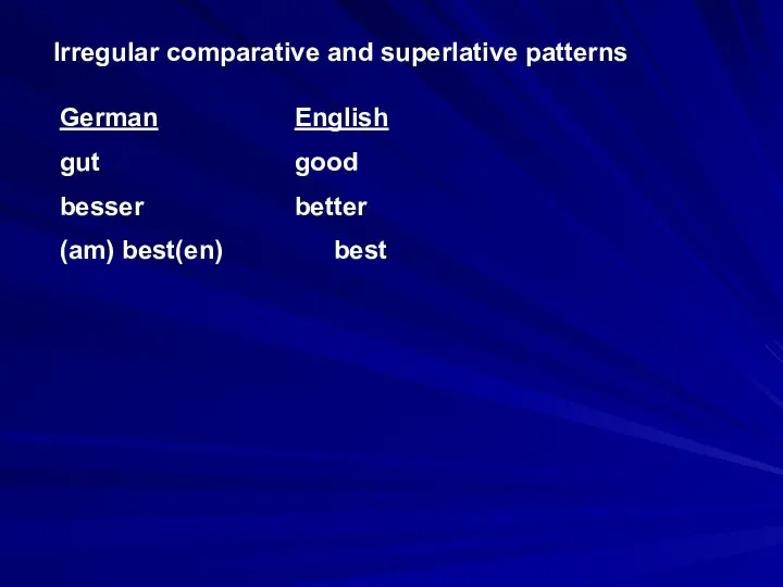 Irregular comparative and superlative patterns German English gut good besser better (am) best(en) best