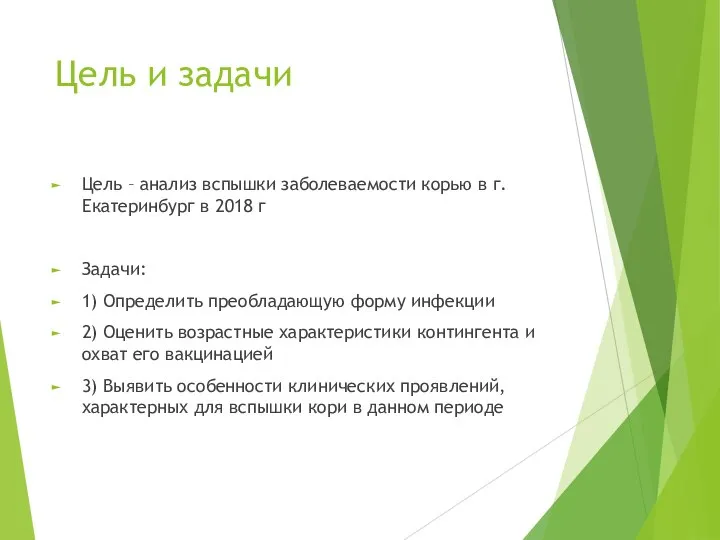 Цель и задачи Цель – анализ вспышки заболеваемости корью в г.