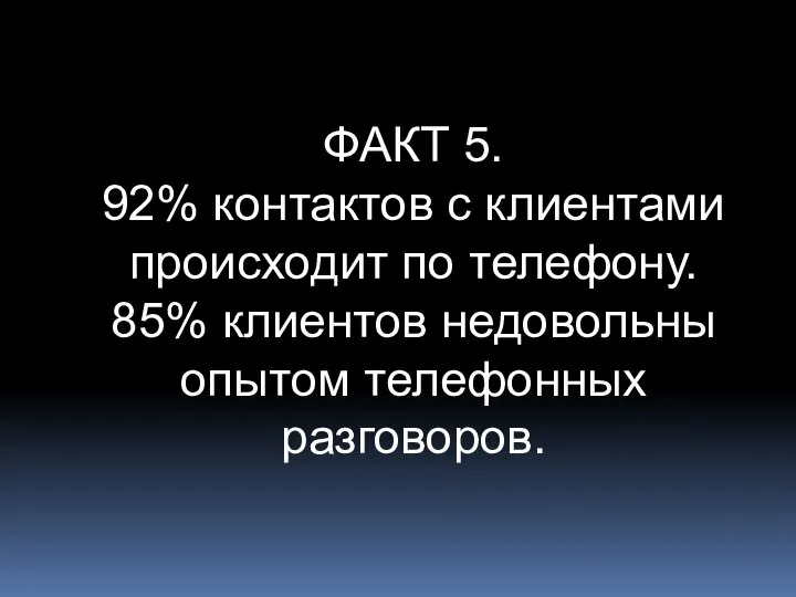 ФАКТ 5. 92% контактов с клиентами происходит по телефону. 85% клиентов недовольны опытом телефонных разговоров.