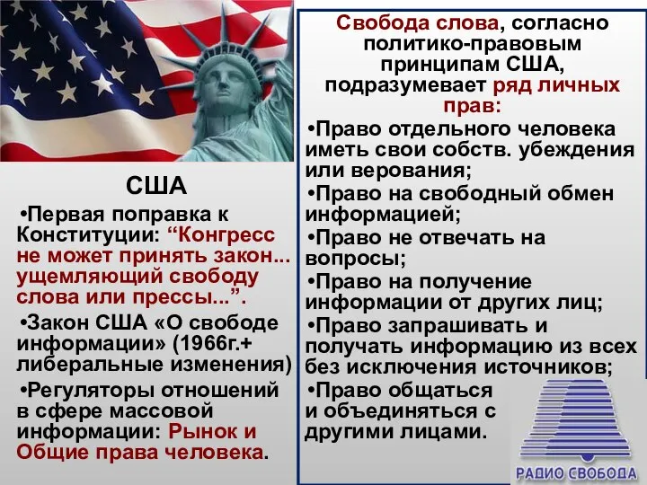 США Первая поправка к Конституции: “Конгресс не может принять закон... ущемляющий