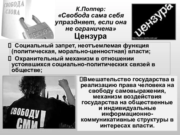 К.Поппер: «Свобода сама себя упраздняет, если она не ограничена» Цензура Вмешательство