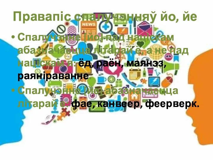 Правапіс спалучэнняў йо, йе Спалучэнне [йо] пад націскам абазначаецца літарай ё,