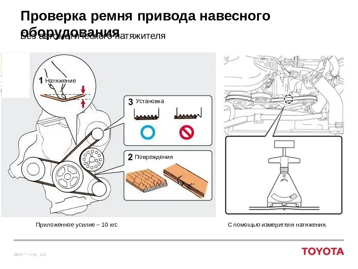 Проверка ремня привода навесного оборудования Без автоматического натяжителя Повреждения Установка Натяжение