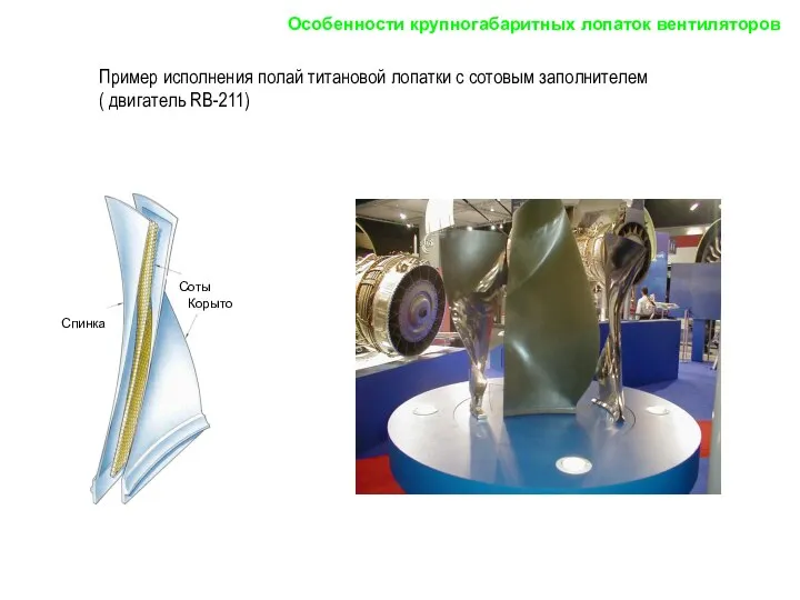 Пример исполнения полай титановой лопатки с сотовым заполнителем ( двигатель RB-211) Особенности крупногабаритных лопаток вентиляторов