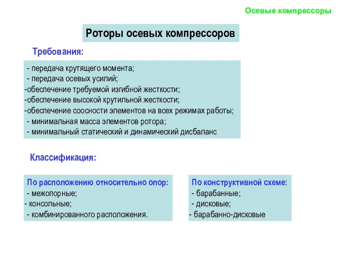 Осевые компрессоры Роторы осевых компрессоров - передача крутящего момента; - передача