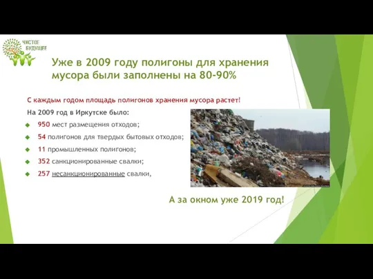 Уже в 2009 году полигоны для хранения мусора были заполнены на