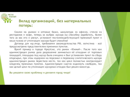 Вклад организаций, без материальных потерь: Свалки на рынках и оптовых базах,