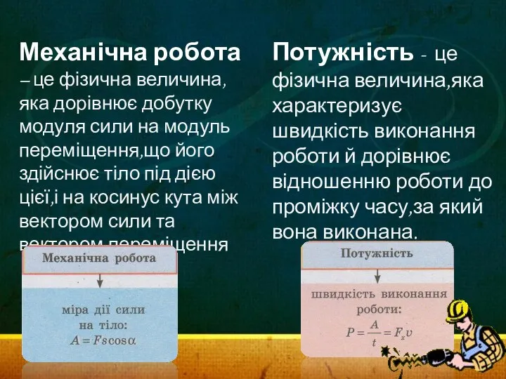 Механічна робота – це фізична величина,яка дорівнює добутку модуля сили на