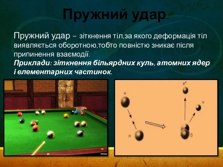 Пружний удар Пружний удар – зіткнення тіл,за якого деформація тіл виявляється