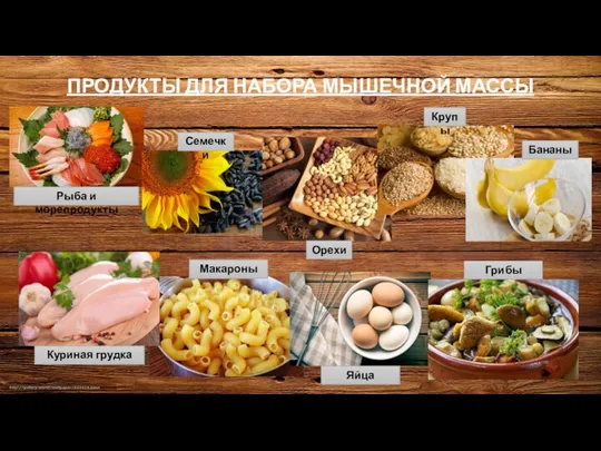 ПРОДУКТЫ ДЛЯ НАБОРА МЫШЕЧНОЙ МАССЫ Рыба и морепродукты Семечки Орехи Крупы