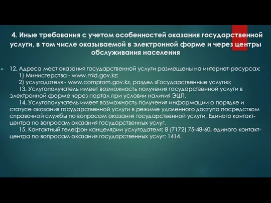 4. Иные требования с учетом особенностей оказания государственной услуги, в том