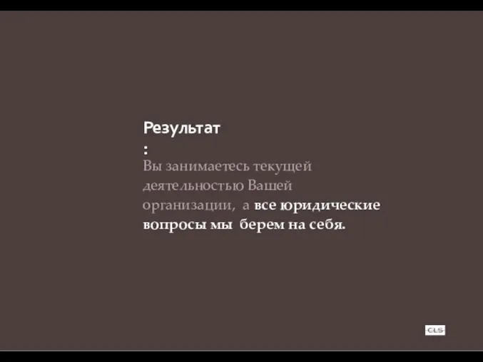 Результат: Вы занимаетесь текущей деятельностью Вашей организации, а все юридические вопросы мы берем на себя.