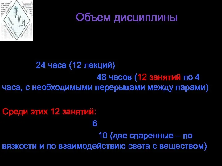 Объем дисциплины Лекции: 24 часа (12 лекций) Практические занятия: 48 часов