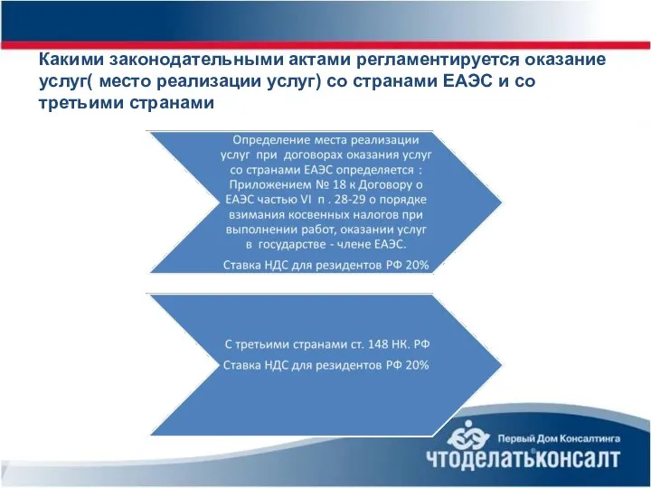 Какими законодательными актами регламентируется оказание услуг( место реализации услуг) со странами ЕАЭС и со третьими странами