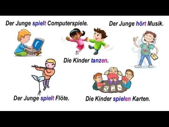 Der Junge spielt Computerspiele. Die Kinder tanzen. Der Junge hört Musik.