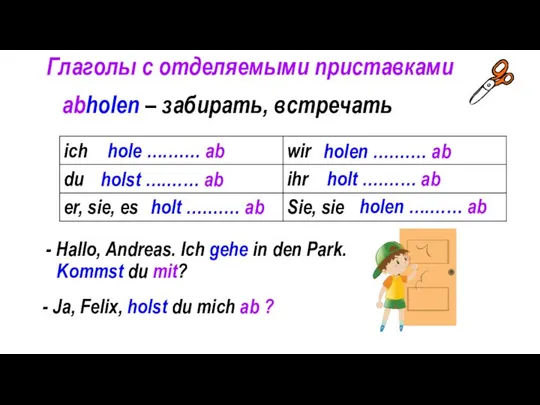 Глаголы с отделяемыми приставками abholen – забирать, встречать hole ….…… ab