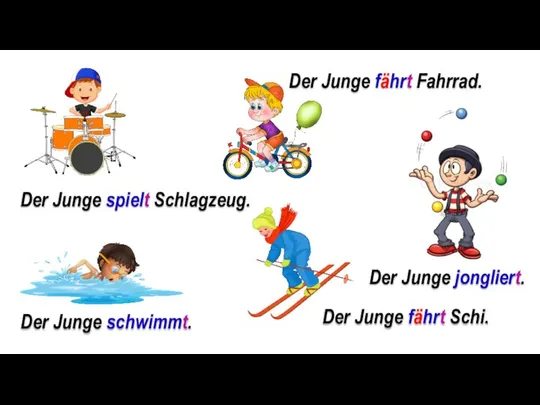 Der Junge spielt Schlagzeug. Der Junge fährt Fahrrad. Der Junge jongliert.