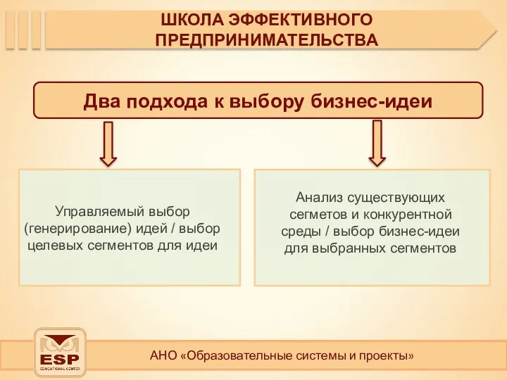 АНО «Образовательные системы и проекты» ШКОЛА ЭФФЕКТИВНОГО ПРЕДПРИНИМАТЕЛЬСТВА Два подхода к