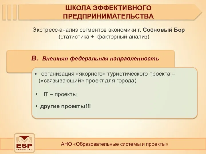 АНО «Образовательные системы и проекты» ШКОЛА ЭФФЕКТИВНОГО ПРЕДПРИНИМАТЕЛЬСТВА Экспресс-анализ сегментов экономики