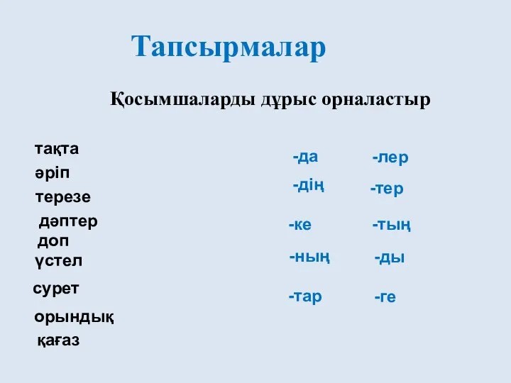 Тапсырмалар Қосымшаларды дұрыс орналастыр әріп тақта терезе дәптер үстел доп сурет