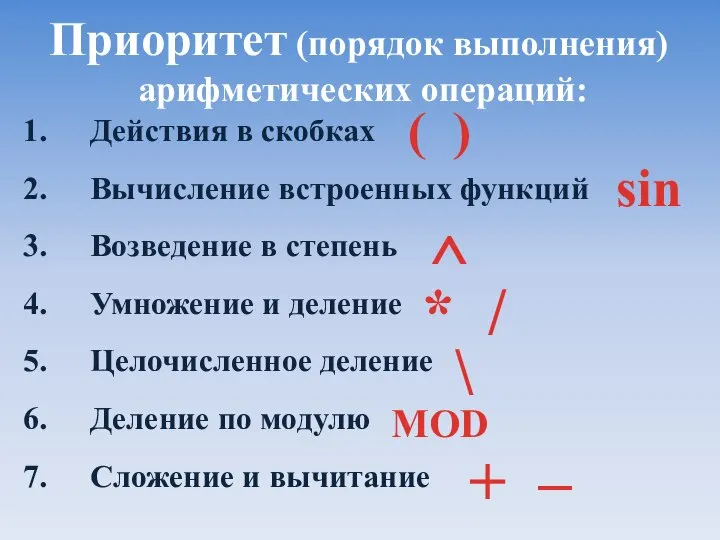 Приоритет (порядок выполнения) арифметических операций: Действия в скобках Вычисление встроенных функций