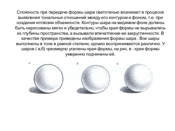 Сложность при передаче формы шара светотенью возникает в процессе выявления тональных