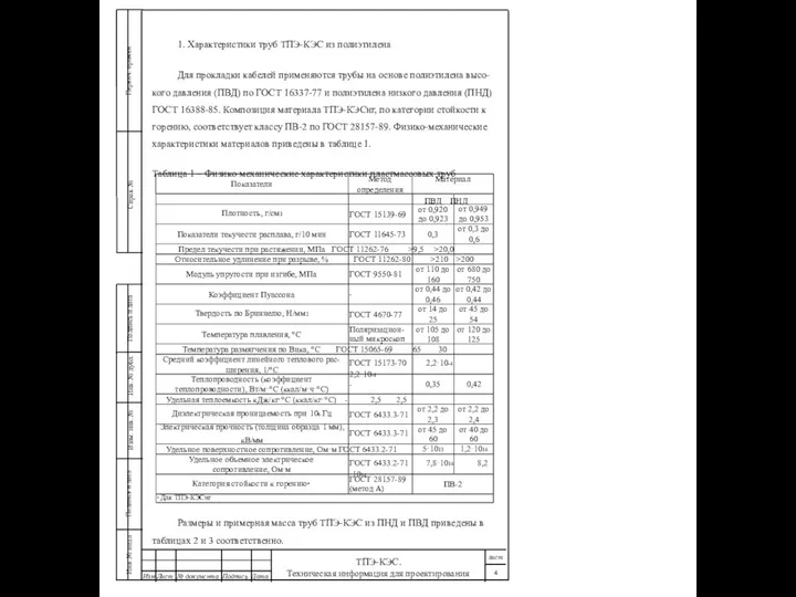 1. Характеристики труб ТПЭ-КЭС из полиэтилена Для прокладки кабелей применяются трубы