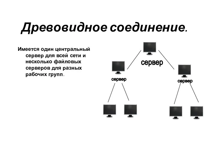 Древовидное соединение. Имеется один центральный сервер для всей сети и несколько