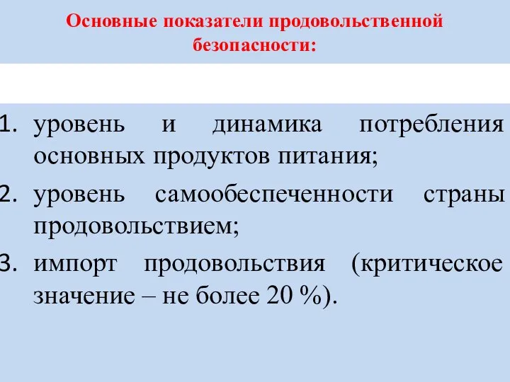 Основные показатели продовольственной безопасности: уровень и динамика потребления основных продуктов питания;