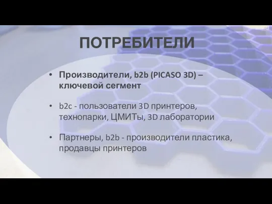 ПОТРЕБИТЕЛИ Производители, b2b (PICASO 3D) – ключевой сегмент b2c - пользователи