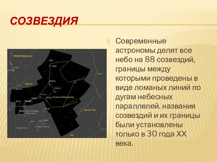 СОЗВЕЗДИЯ Современные астрономы делят все небо на 88 созвездий, границы между