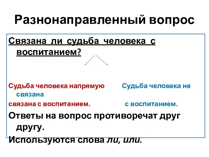 Разнонаправленный вопрос Связана ли судьба человека с воспитанием? Судьба человека напрямую