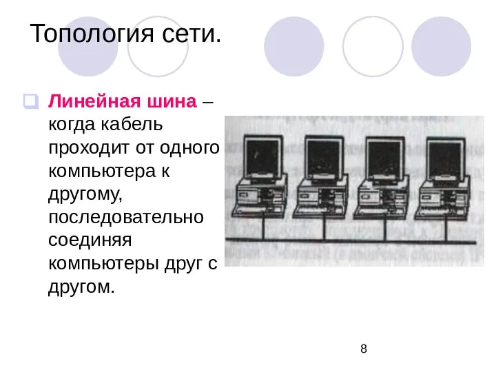 Топология сети. Линейная шина – когда кабель проходит от одного компьютера