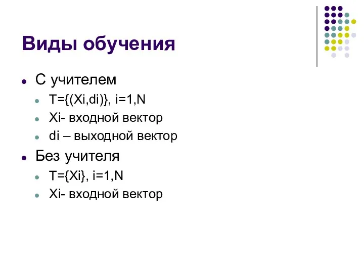 Виды обучения С учителем T={(Xi,di)}, i=1,N Xi- входной вектор di –