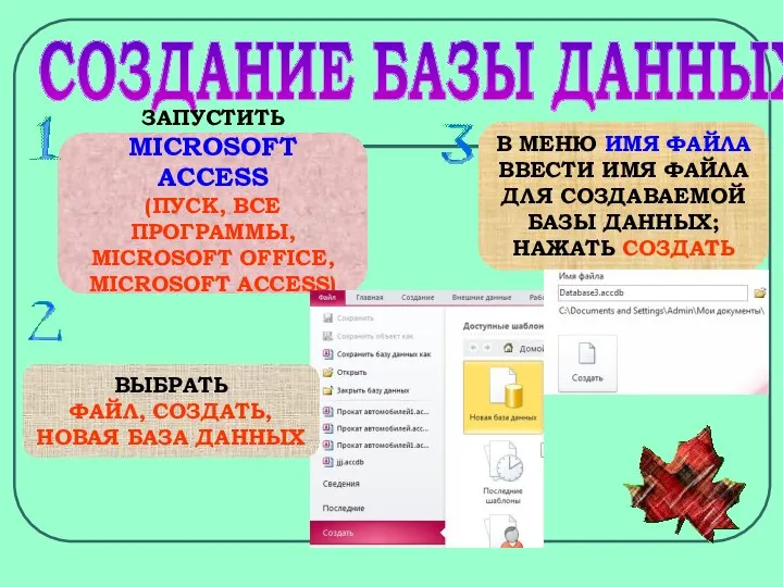 СОЗДАНИЕ БАЗЫ ДАННЫХ ЗАПУСТИТЬ MICROSOFT ACCESS (ПУСК, ВСЕ ПРОГРАММЫ, MICROSOFT OFFICE,