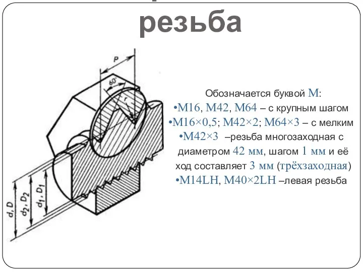 Метрическая резьба Обозначается буквой М: M16, М42, М64 – с крупным