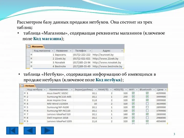 Рассмотрим базу данных продажи нетбуков. Она состоит из трех таблиц: таблица