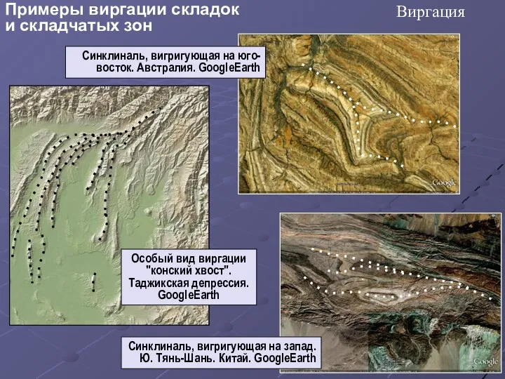 Синклиналь, вигригующая на запад. Ю. Тянь-Шань. Китай. GoogleEarth Виргация Примеры виргации