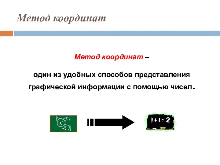 Метод координат Метод координат – один из удобных способов представления графической информации с помощью чисел.